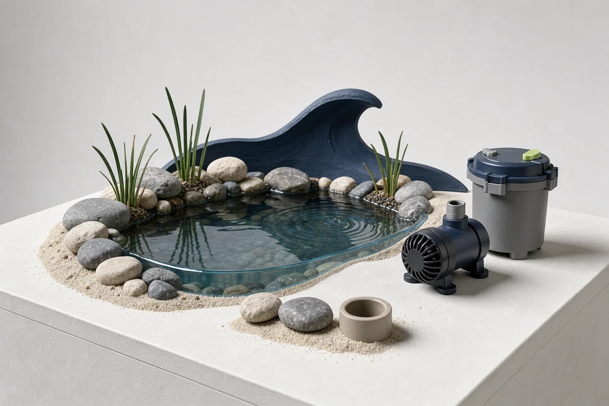Miniatuurvijver met losse pomp en vijveronderdelen